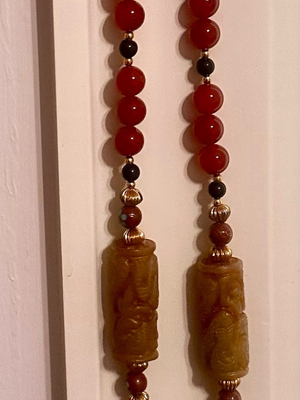 Vintage Hand-Knotted Carnelian & Carved Stone Statement Necklace